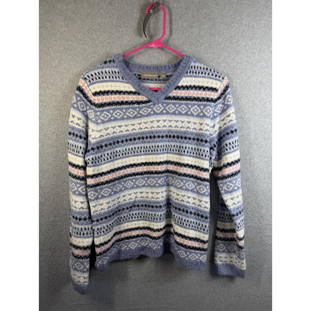 Croft & Barrow Sweater Womens Medium Blue Fair Isle Fuzzy Knit V Neck Pullover